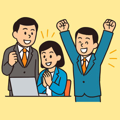 A diverse team of three cheerful business professionals joyfully celebrates a significant achievement, expressing triumph and happiness after successfully completing a project together.