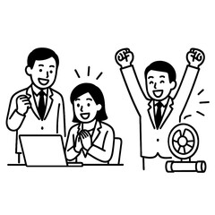 A joyful business team celebrates a significant achievement, looking at a laptop with excitement, while a colleague cheers for their success with a trophy.