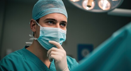 Surgeon in mask and cap thinking during procedure