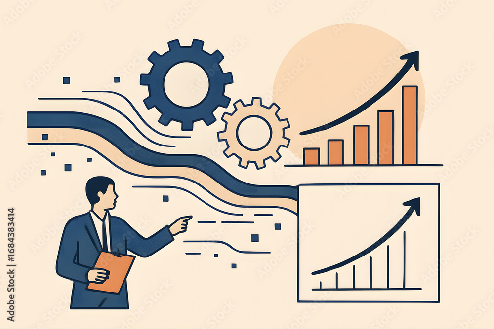 Poster business analytics visualization: a clean and modern illustration presenting a business professional