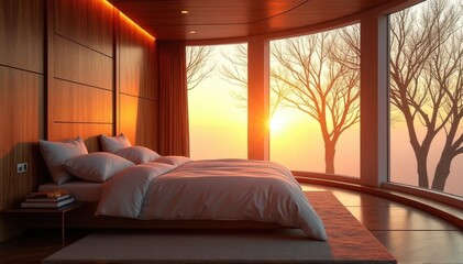 A peaceful bedroom with a curved window wall and a beautiful sunset.