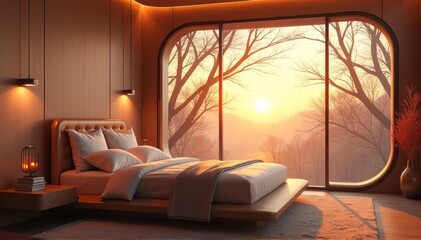 A minimalist bedroom with a unique curved window and a peaceful sunset view.