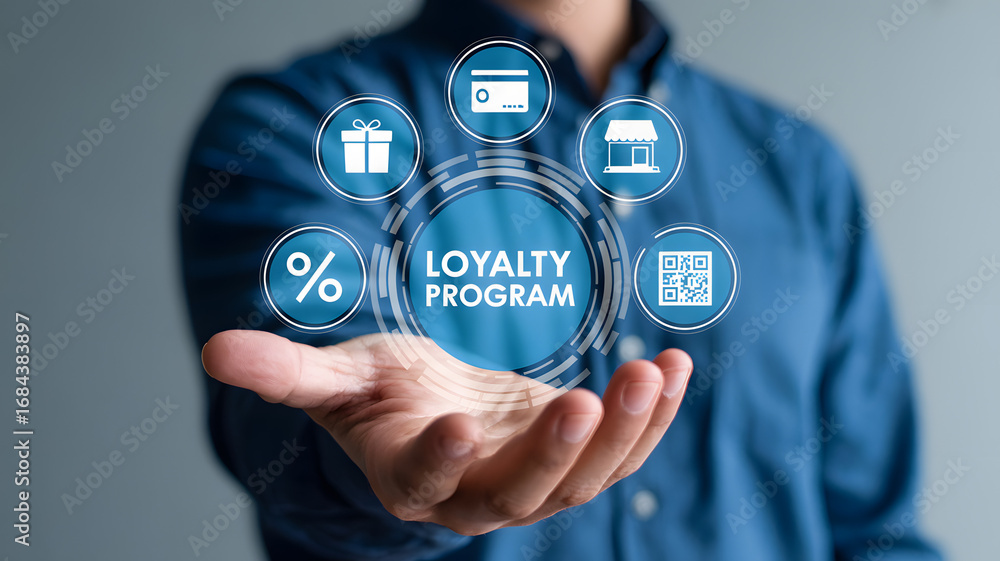 Poster boost business with loyalty program strategy visualized in hand