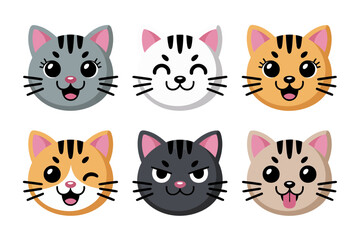 Cute cartoon cat faces vector set, playful kitten expressions, adorable feline illustration, charming pet characters, fun animal art, sweet furry companions