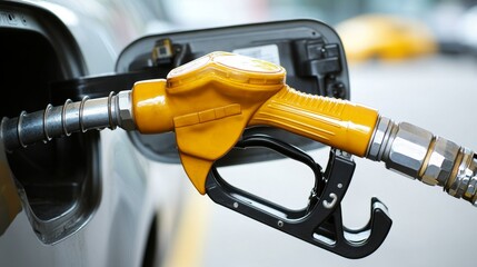 Gas pump nozzle dispensing yellow oil into cars at fuel station automotive industry close-up view for seo optimization