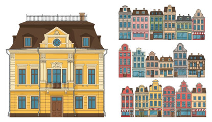 Fototapeta premium Historic European Townhouse Facades | Colorful Old City Buildings Architecture for Real Estate Marketing, Travel Guides, and Urban Development