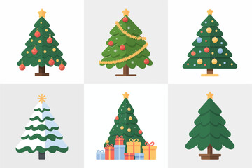 Decorative Christmas tree vector set, festive holiday greenery illustrations, cheerful seasonal art, bright celebration graphics, winter decor inspiration, holiday festive design