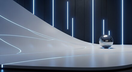 Reflective chrome sphere on a curved white surface in a futuristic room with vertical blue neon lights.