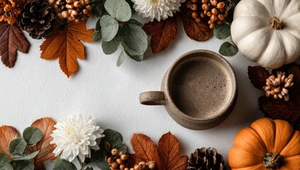 Cozy Fall Drink with Pumpkins and Leaves