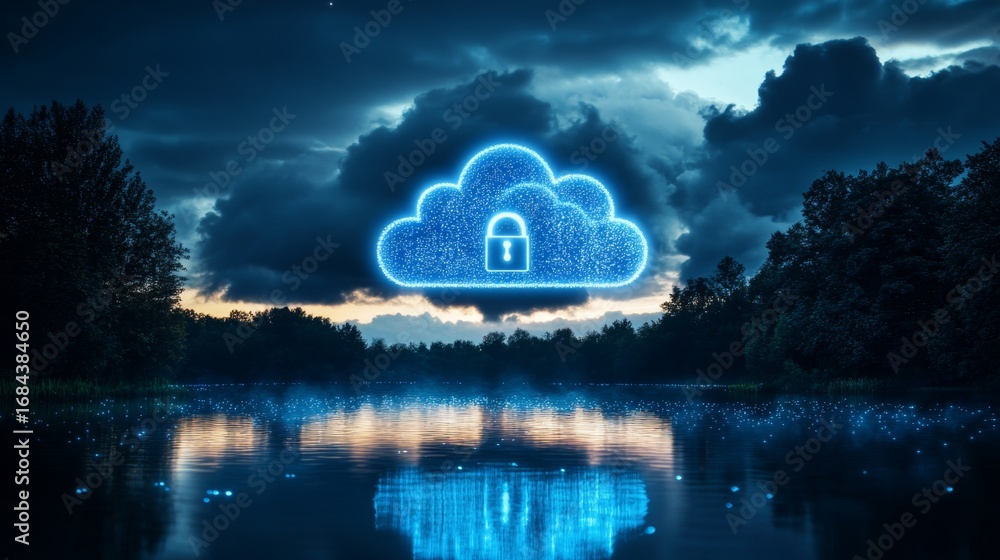 Poster securing data glowing blue lock symbol in front of cloud digital environment night view technology c