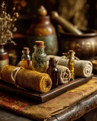 Essential oils, towels, and dried herbs on a wooden tray