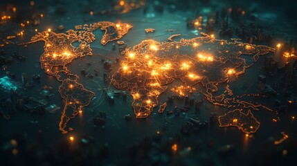Obraz premium Illuminating global connections a glowing world map with distribution lines digital visualization nighttime environment global perspective