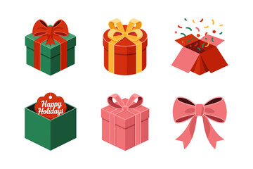 Holiday present vector set, decorative gift box illustrations, Christmas ribbons and bows, festive celebration design, cheerful seasonal graphic elements
