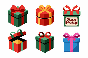 Decorative holiday gift boxes vector set, ribbon bow illustrations, festive present collection, Christmas celebration graphics, seasonal packaging art, cheerful style