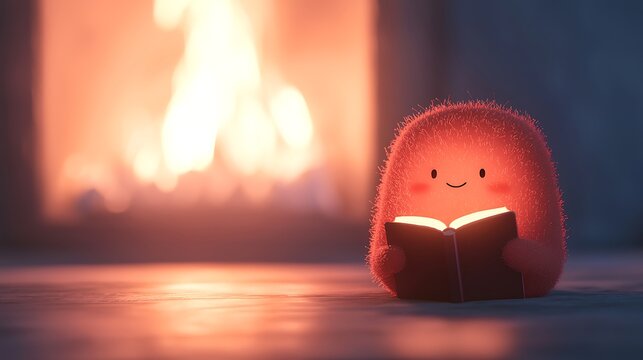 Cozy character reads a book by the warm firelight