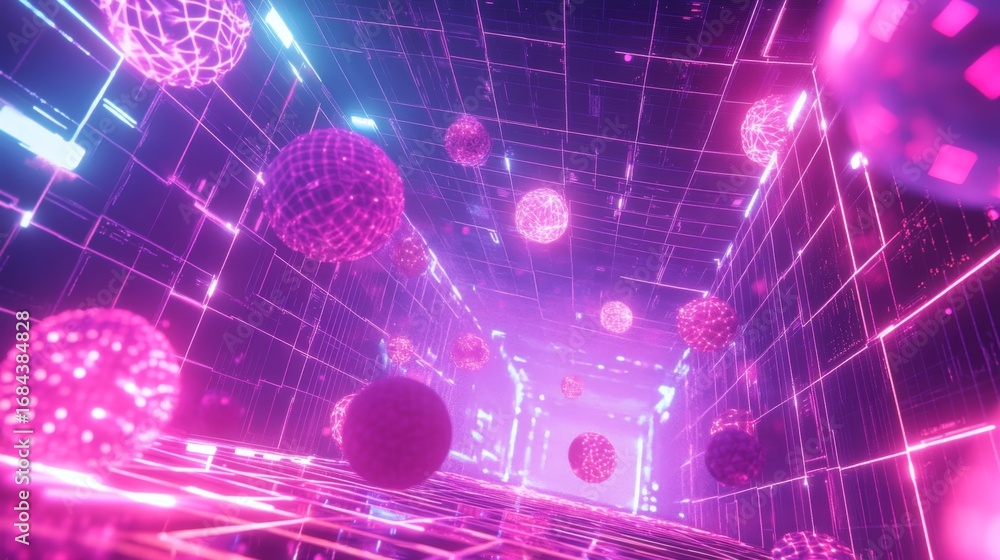 Aufkleber exploring a glowing cyberspace environment with abstract grids virtual realm digital art neon aesthe