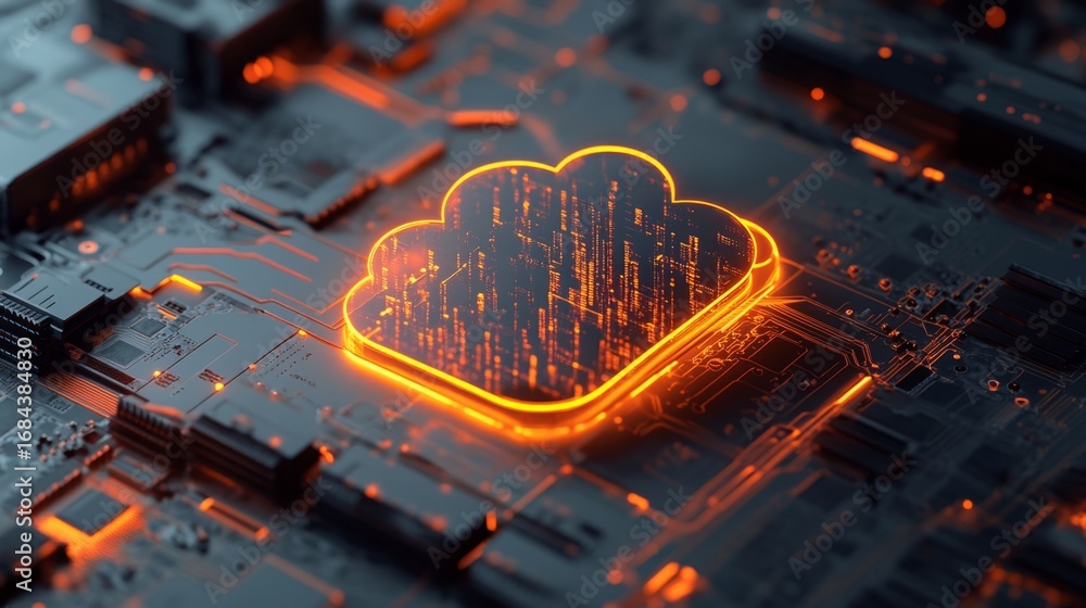 Aufkleber mapping a dynamic glowing cloud computing network over dffa data center digital environment aerial v