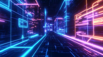 Exploration of a glowing cyberspace digital gridlines virtual reality neon environment futuristic perspective cybernetic concept