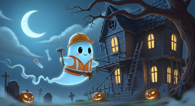 A cartoon ghost dressed as a construction worker floats near a haunted house on a halloween night scene