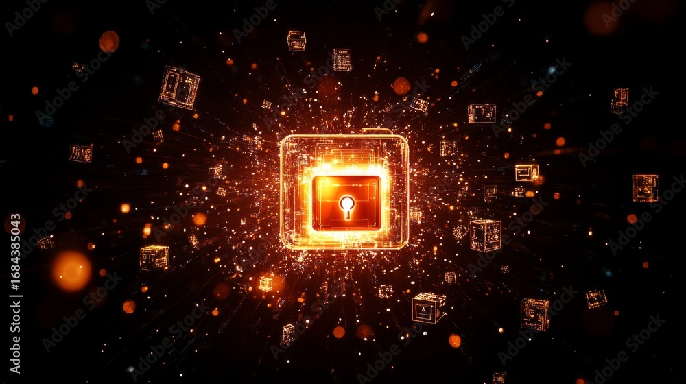 Aufkleber unlocking the future a glowing lock surrounded by floating technology in a digital universe