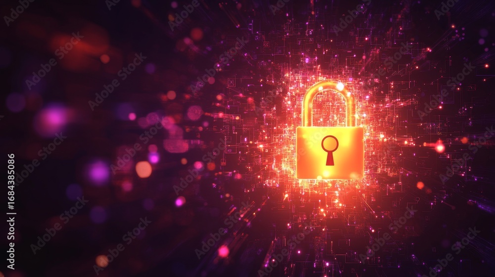 Poster unlocking innovation a glowing lock surrounded by technology icons in a digital environment for enha