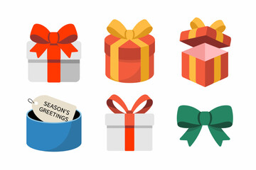 Holiday gift box vector collection, festive present illustrations, Christmas seasonal celebration graphics, decorative ribbon bow designs, cheerful packaging art elements