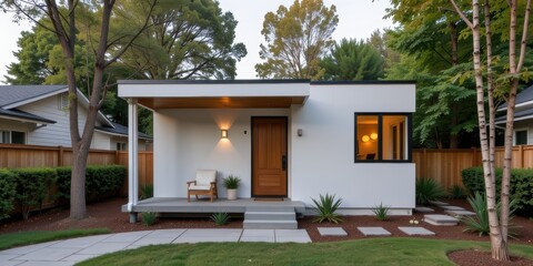 Accessory dwelling unit. Modern house exterior with porch and landscaping in a residential area.