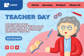 Teacher Day with Bright Cute Cartoon People, Stationery Element for Web Banner Background
