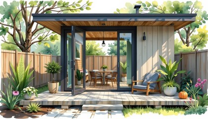Accessory dwelling unit. A modern home patio surrounded by greenery and decorative plants.