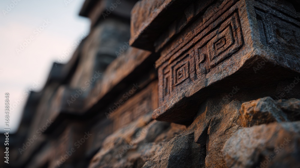 Poster close-up of intricately carved stone structures with geometric patterns at sunset, showcasing ancien