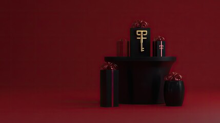 Black gift boxes with golden keys on a dark pedestal.