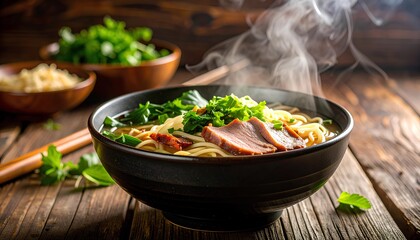 the delicious hot soup noodles are complete with toppings of meat, scallions, and celery
