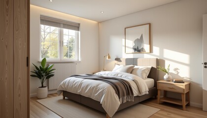 Fototapeta premium Accessory dwelling unit. Cozy modern bedroom with natural light and stylish decor.