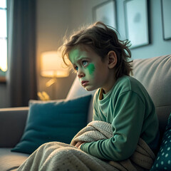 kid sick with nausea having green face