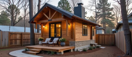 Accessory dwelling unit. Cozy wooden cabin surrounded by trees with a welcoming porch and warm lighting.