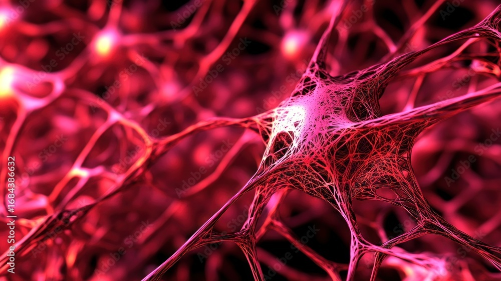 Poster microscopic view of a neuron network, showing intricate connections and glowing nodes.