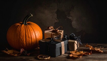 Halloween Stimmung mit Kürbis und geheimnisvollen Geschenken im Dunkeln