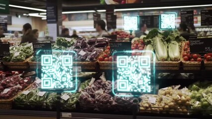 modern supermarket with digital qr codes on produce - Powered by Adobe