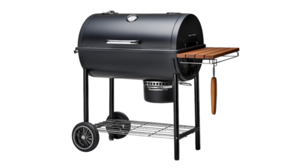 Black Charcoal Kettle Grill with Wooden Side Shelf isolated on a transparent background