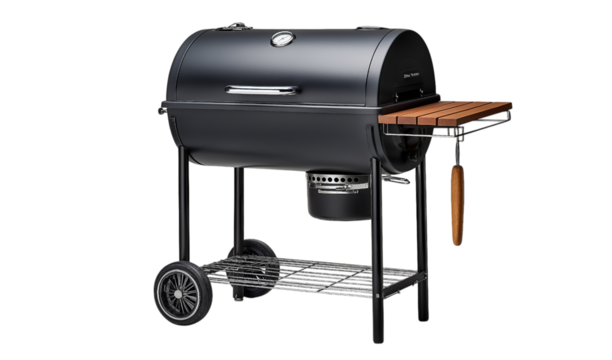 Black Charcoal Kettle Grill with Wooden Side Shelf isolated on a transparent background - Powered by Adobe