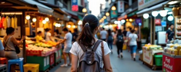 Bustling outdoor marketplace filled with colorful fruit and vegetable stalls busy shoppers and vibrant lights in a lively street market scene du daytime