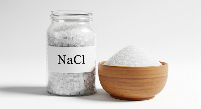 White Crystalline Salt in Glass Jar with NaCl Label and Wooden Bowl in Bright Studio