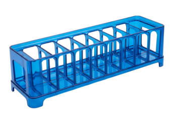 A vivid, translucent, azure-blue plastic rack, constructed with a grid pattern of compartments, sits against a stark black background.