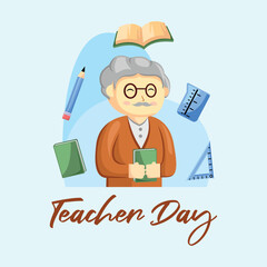 Teacher Day with Bright Cute Cartoon People, Stationery Element and Background