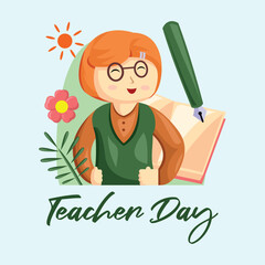 Teacher Day with Bright Cute Cartoon People, Stationery Element and Background