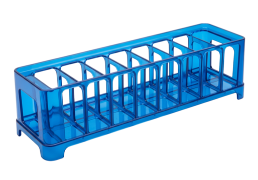 A vivid, translucent, azure-blue plastic rack, constructed with a grid pattern of compartments, sits against a stark black background.