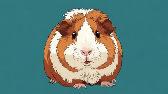 Cute cartoon guinea pig with fluffy fur, orange and white coloring, and a surprised expression, set against a teal background