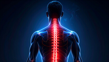 Back view of male spine and ribcage glowing red and blue, medical illustration showing vertebra, spinal cord and skeletal structure with dramatic
