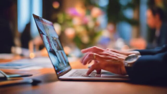Person typing on a laptop during a virtual meeting in a cozy office with flowers in the background
