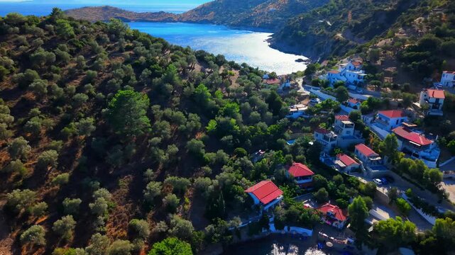 Aerial view of the mountains and aegean sea, samos greece